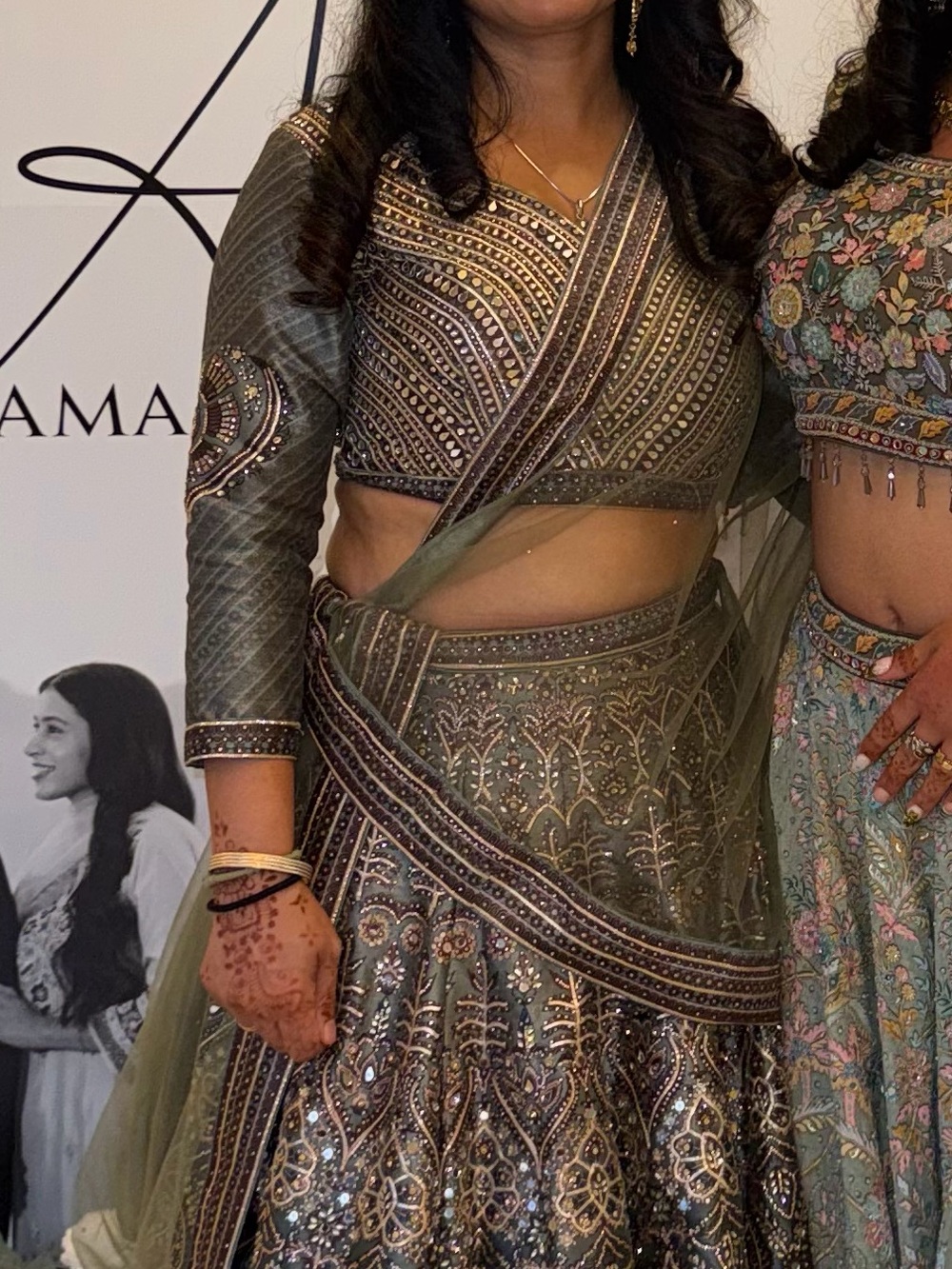 Women’s Sage Green Embroidered Lehenga Skirt and Blouse Set